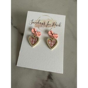 GINGHAM Pink White Heart Drop Earrings NEW